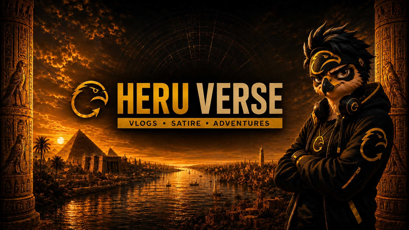Heru overlooking an Egyptian cityscape with the Heru Verse title